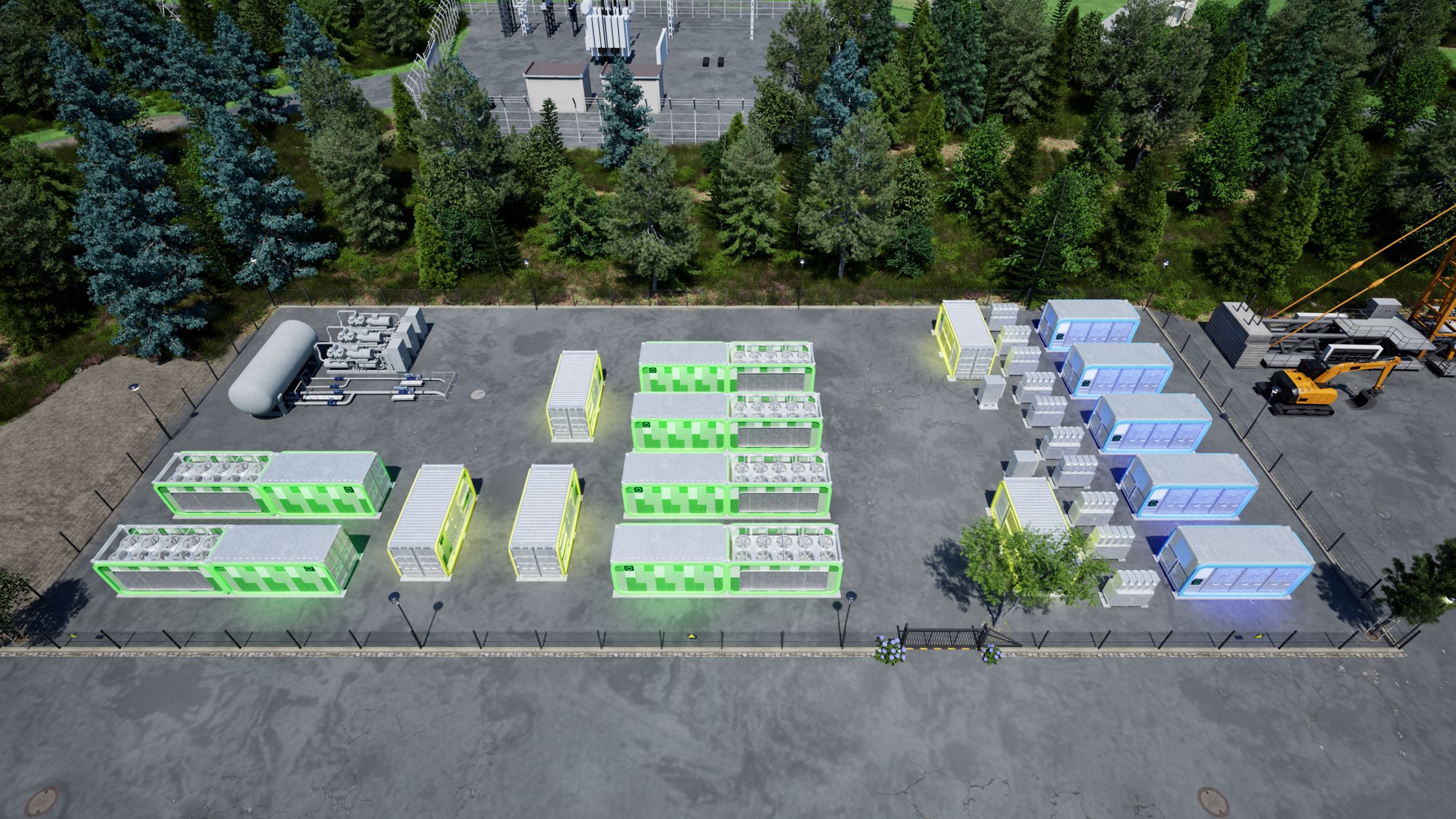 Concept rendering of modular compute units, energy equipment and a grid connection.