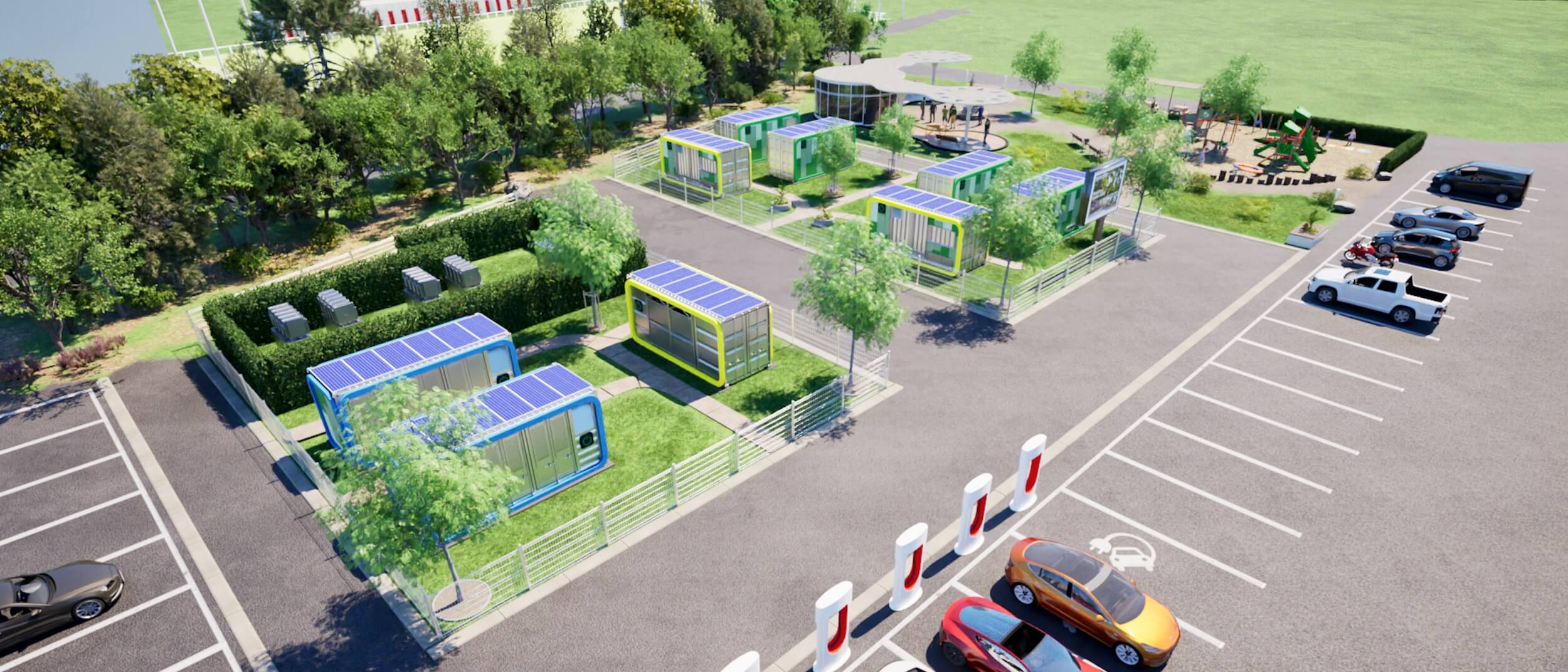Concept rendering of modular infrastructure with rooftop solar and adjacent charging facilities.