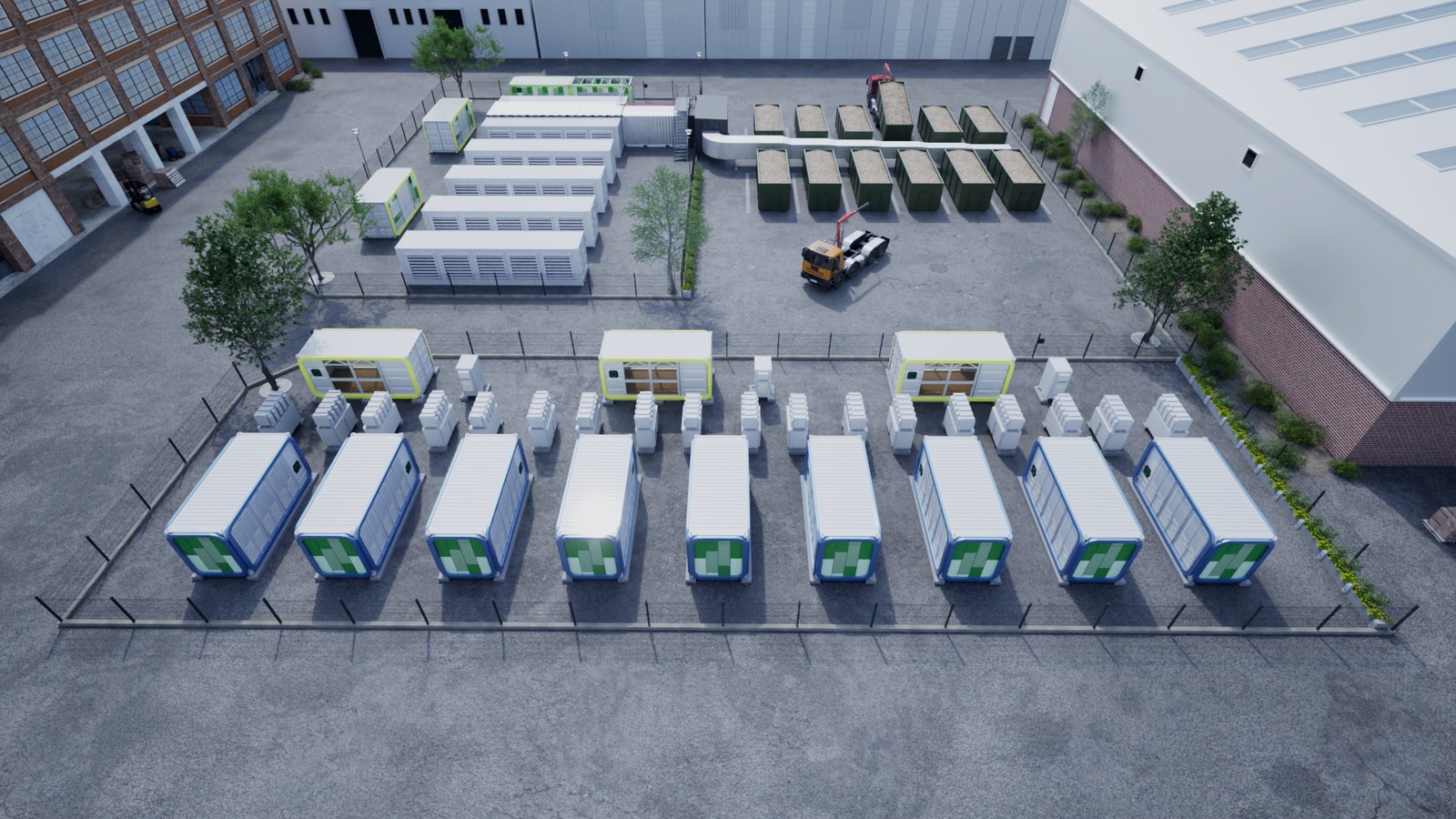 Project rendering of modular compute infrastructure and adjacent energy equipment in Southern Finland.